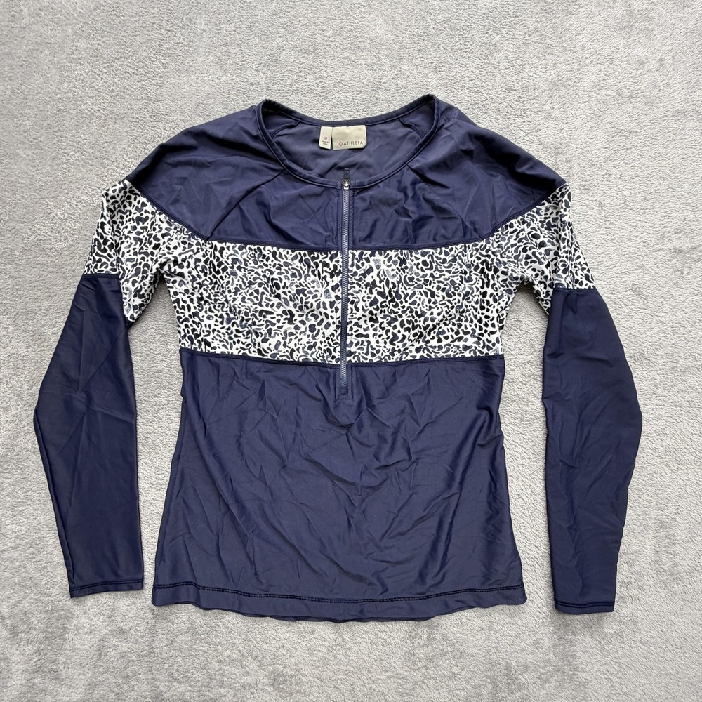 Athleta Shirt Womens M Blue 1/4 Zip Stretch Animal Print Yoga Pullover